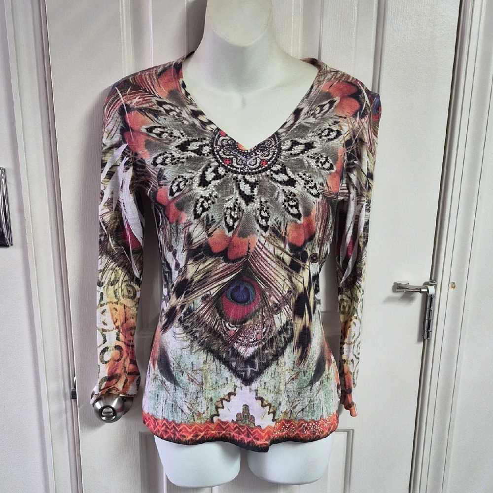 Women's Coral Multi Peacock Feather Print V-Neck Top
